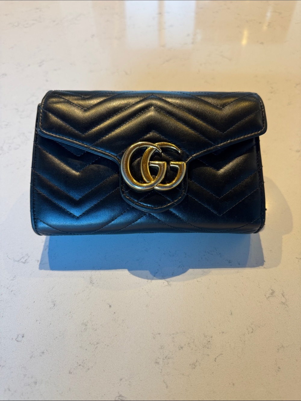 Gucci Black Chevron Quilted Mini Wallet with Gold Double G